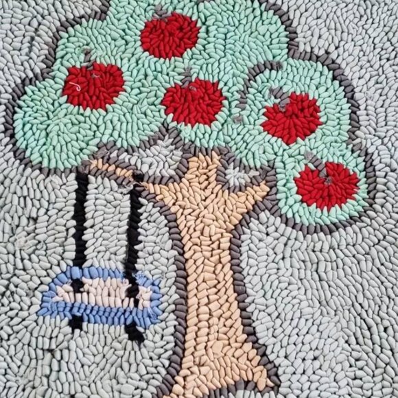 Judi Boisson American Country Hand Hooked Rug Apple Tree Bunny 40 x 30 90's - Picture 2 of 7